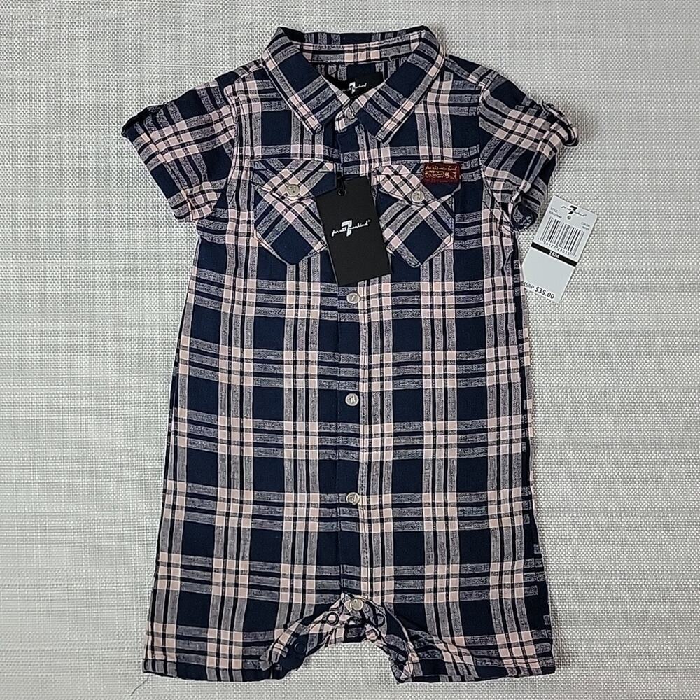 7 For All‎ Mankind plaid linen cotton blend shortall romper 18M